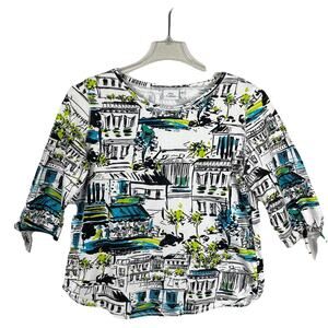 Hot Cotton Top Women's Large Black White Street Scene Boxy Boho Vacation Resort